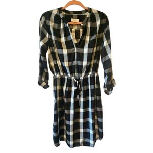NWT - Loft Buffalo Plaid V-Neck Shirt Dress Cinched Drawstring Waist -Size Small